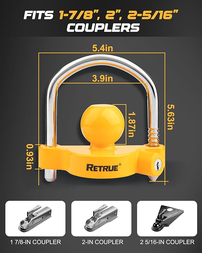 RETRUE Universal Coupler Lock Trailer Locks Ball Hitch Trailer Hitch Lock Adjustable Security Heavy-Duty Steel Fits 1-7/8 Inch, 2 Inch, 2-5/16 Inch Couplers, Yellow