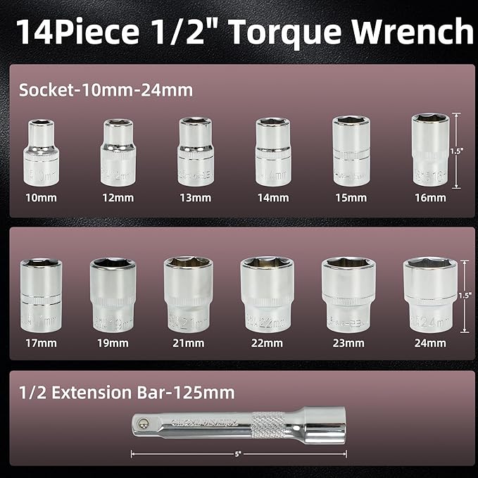 14Pcs 1/2-Inch Drive Click Torque Wrench Set 10-170 ft.lb/13.6-230.5 Nm, Dual-Direction Adjustable 72-Tooth Torque Wrench for Moto and Car Maintenance