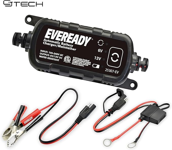 Eveready 1.2A Car Battery Charger – Automatic Float Trickle Charger for Car Battery 12V & 6V Lead Acid, Portable Car Battery Charger and Maintainer with Overcharge & Short-Circuit Protection