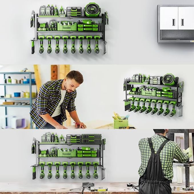 Power Tool Organizer - 3 Layer 8 Drill Holder Wall Mount, Storage Rack for Garage Organization, Large Tool Shelf, Gifts for Him Men Dad Husband Anniversary Fathers Day, Cool Gadget Stocking Stuffer