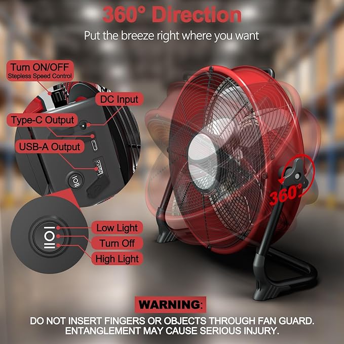 T-SUN 12" Battery Power Floor Fan Compatible with Mil-wau-kee Battery, Outdoor Floor Fan with LED Light, Stepless Speed Cordless Fan, Metal High Velocity for Jobsite Outdoor Camping