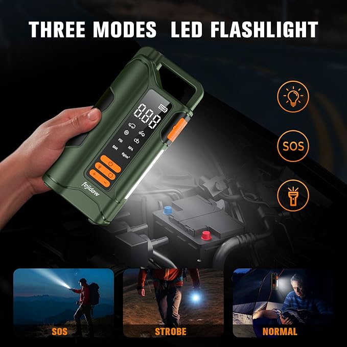 Jump Starter with Air Compressor,5000A Car Battery Jumper Starter, 16000mAh Battery Jumper Starter Portable for 10L Gas/Diesel Engine with 160PSI Booster,LED Display & Light,Jumper Cables