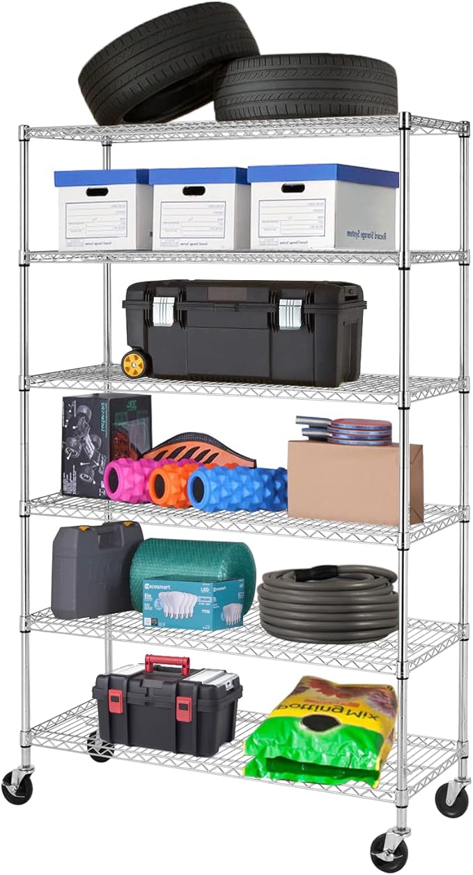 PayLessHere | 6-Tier Wire Shelf with Wheels | 48"x18"x76" | Chrome | Adjustable Racks | Heavy-Duty Storage Shelves, Holds Upto 600 lbs | Rust-Resistant, No-Tool Assembly | for Home, Garage Shelving