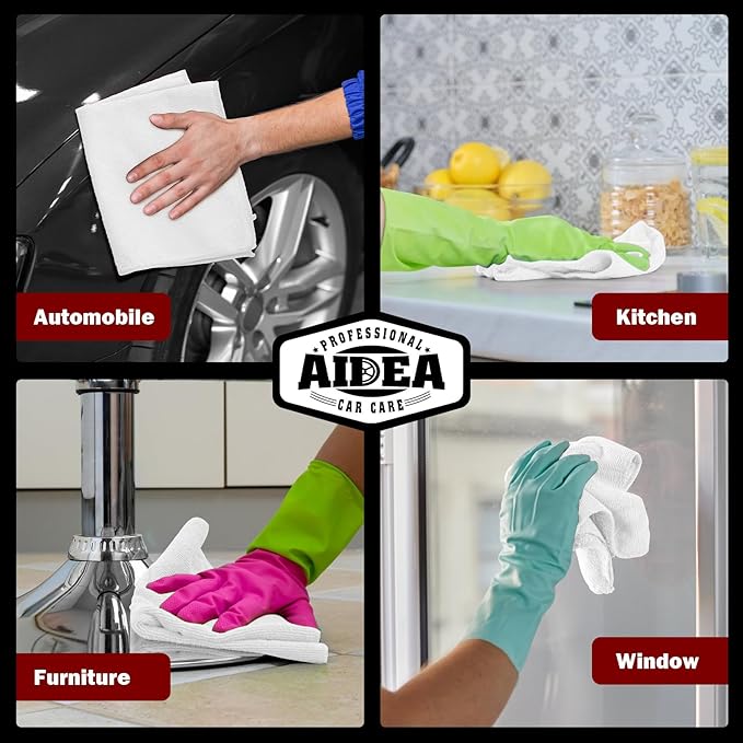 AIDEA Microfiber Cleaning Cloth White 50PK, Microfiber Towels for Cars, Premium Car Cloths, Dusting Cloth Lint Free Cleaning Rags for SUVs, House, Kitchen, Window, Workshops,12×12"