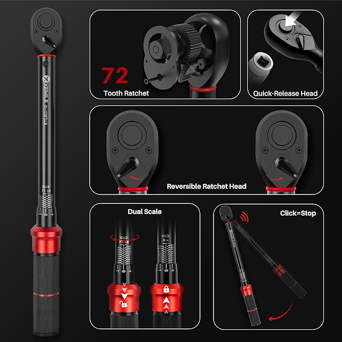1/4 3/8 1/2-inch Drive Click Torque Wrench, 20Pcs Torque Wrench Set 20-260 in.lb,5-45 ft.lb,10-170 ft.lb, Dual-Direction 72 Tooth Dual Range Scales, 3% Precision for Bike Car Motorcycle Repair