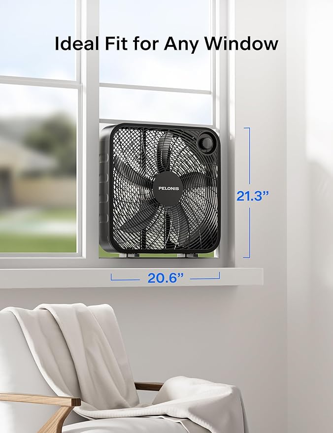 PELONIS 20 Inch Box Fan for Bedroom– 3 Speeds, 25ft/s, Floor Fan, Window Fan, Table Fan, Desktop Fan with Superior Air Throw (2295 CFM), Lightweight, 5 Blades, suitable for Office, Living Room, Garage