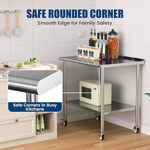 Stainless Steel Work Table with Wheels, 30x48 Inch NSF Food Prep Table with Backsplash & Adjustable Undershelf for Kitchen, Restaurant, Garage