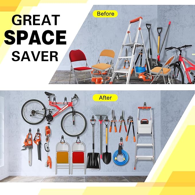 6 Pack Garage Hooks Heavy Duty Storage Organizer Wall Mount Power and Garden Tool Hangers, for Hanging Ladders, Ropes, Hose, Bulk Items