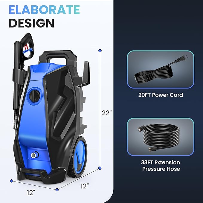 5000PSI Heavy Duty Pressure Cleaner with 33FT Hose, 4 Quick Connect Nozzles and Foam Cannon for Cars/Fences/Driveways/Patios/Home Cleaning, Deep Blue