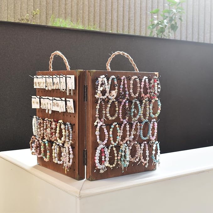 MOOCA Wooden Foldable and Portable 2 Panel Pegboard Jewelry Display Organizer with 48 Removable Black Metal Hooks & Convenient Rope Handle for Easy Carrying, Dual-Sided Panels for Hanging, Brown Color