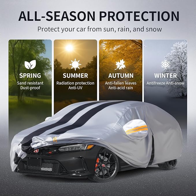 Multi-Layer Car Cover Custom Fit for Honda Civic(Type R)(2006-2026), 100% Waterproof All Weather for Automobiles, Gift with Towel, Heavy Duty Car Covers for Rain Sun UV Protection with Door Zipper.