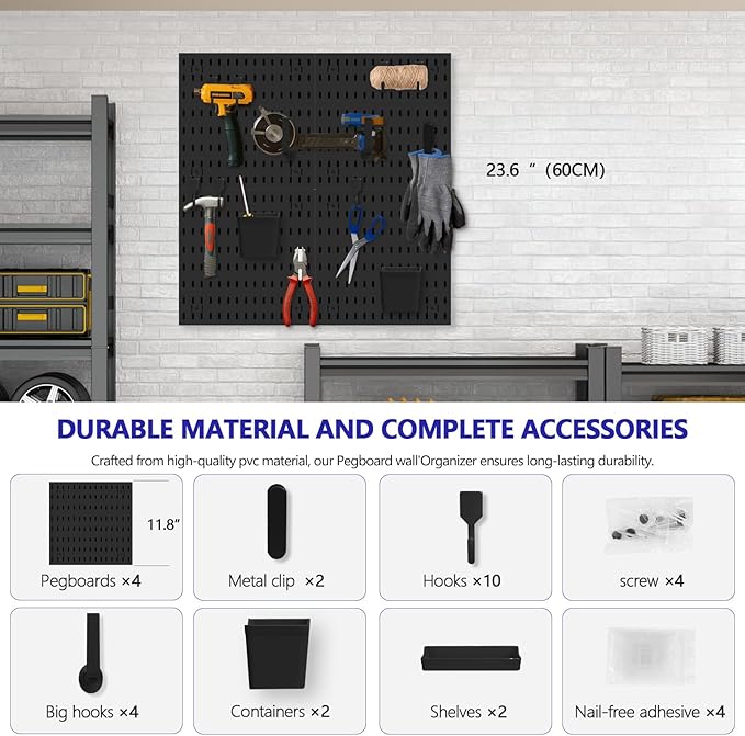 Pegboard Combination Kit, Modular White Pegboard Wall Organizer with 4 Pegboards & Accessories Hanging for Gaming Office Wall Storage Organizer, Crafts Displays (Black)