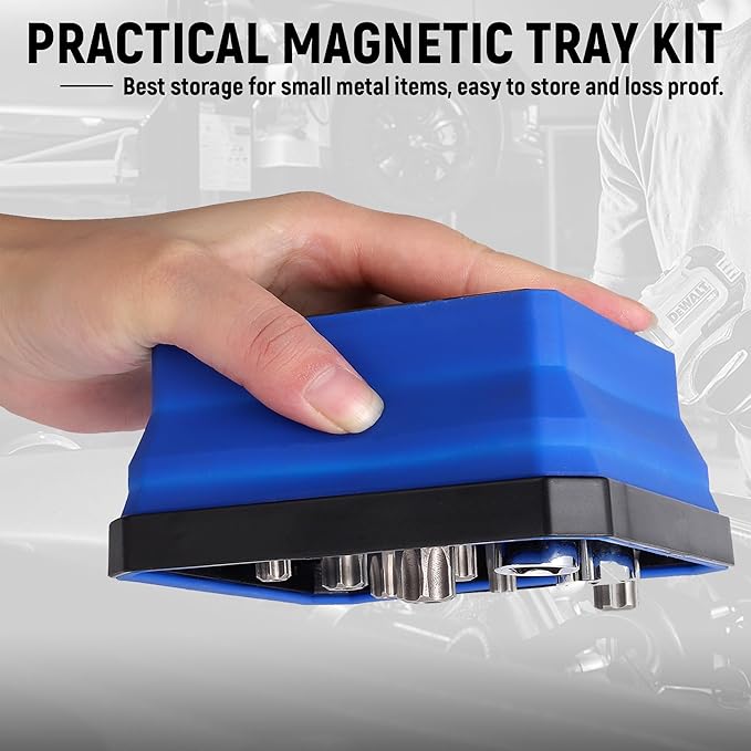 ALOANES Magnetic Parts Tray Set-Collapsible Magnetic Tool Tray Small Parts Organiser with Double Magnet,Magnetic Bowl for Fixing Nuts and Bolts (Blue)