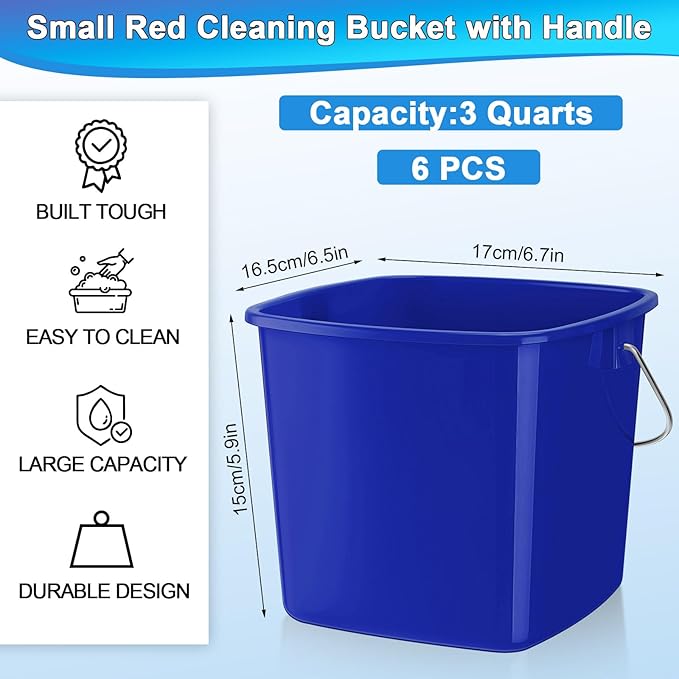 Zhehao 6 Pcs 3 Quart Bucket for Cleaning Small Sanitizer Bucket for Restaurant Square Plastic Pail with Handles for Home, Offices, Commercial Use, Food Service(Dark Blue)
