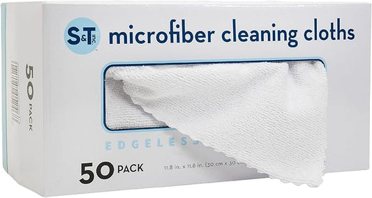 S&T INC. 50 Pack Microfiber Cleaning Cloth with Box, Bulk Towels for Home, Reusable Microfiber Towels for Cars, Cleaning Rags, White, 190gsm, 11.8 Inches x 11.8 Inches, 50 Count