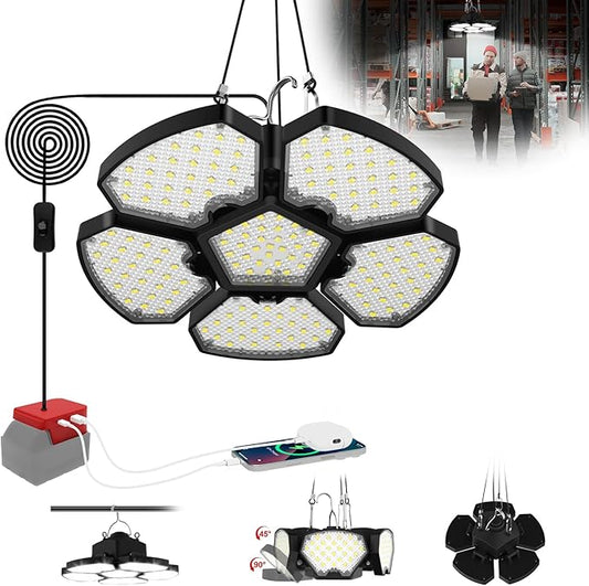 Cordless LED Work Light Compatible with Milwaukee 18V Battery, 65W 6500LM Flood and Ceiling Pendant Light with USB & Type-C Charging Port, 5+1 Deformable Panels for Garage, Fishing, Job Site, Camping