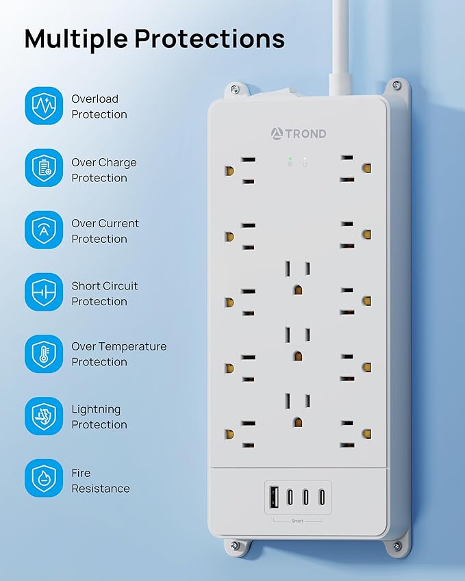 TROND 360° Rotating Flat Plug, Surge Protector Power Strip, 13AC Widely Spaced Outlets Expansion with 3 USB C Ports, 4000J, 10ft Extension Cord Heavy Duty, Wall Mount, Under Desk, ETL Listed, White