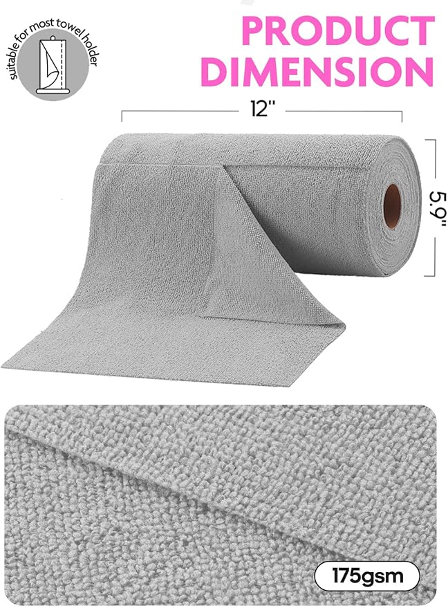 Tear-A-Rag Roll -50 Pack, 12 x 12 Microfiber Cleaning Cloth, Reusable Towels for Home, auto and Shop (Grey)