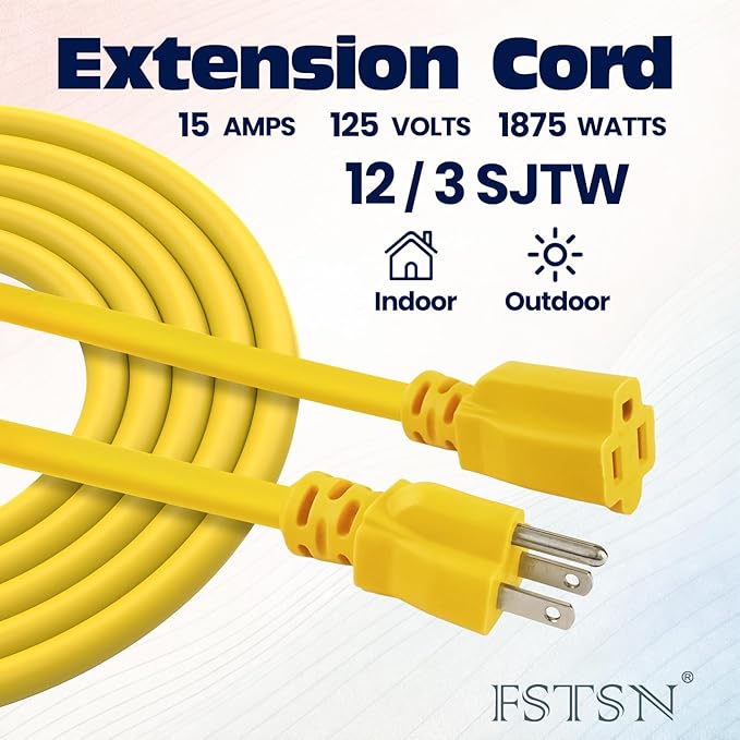 3 ft Heavy Duty Extension Cord Yellow - 12/3 SJTW 15 AMP Indoor Power Cord with 3 Prong Grounded Plug for Lawn Mower, Appliances, Workshop, Christmas Lights Water Resistant Flexible Cable.