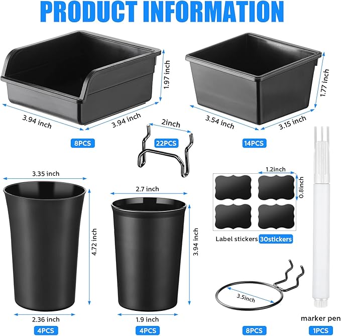 Sieral 64 Pieces Pegboard Bins Pegboard Cups with Hooks and Loops Peg Hooks Assortment Organizer Accessory for Organizing Accessories Tools Storage Office Workshop Garage Workbench (Black)
