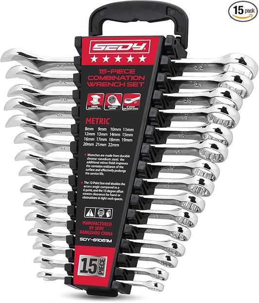 15-Piece Metric Combination Wrench Set, 8–22mm 12-Point Open End and Box End Wrench Kit with Organizer, Chrome Vanadium Steel Tools for Mechanics, Garages and Workshops