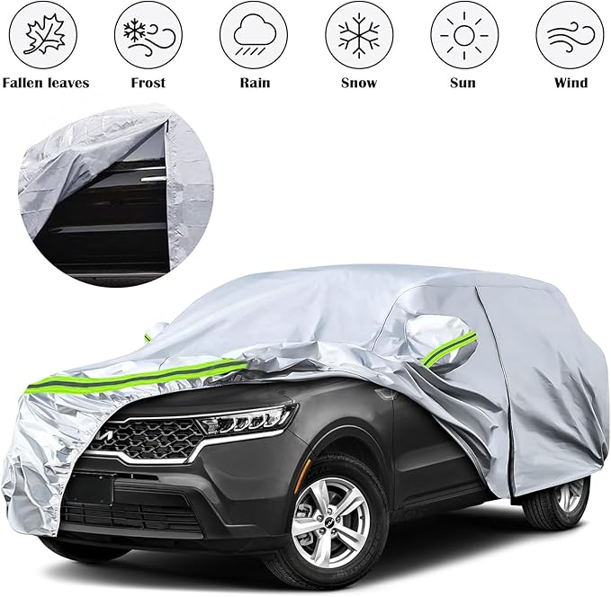 Waterproof Car Covers Replace for 2009-2025 Kia Sorento, 6 Layers Silver All Weather Car Cover with Zipper Door & Windproof Bands for Snow Rain Dust Protection