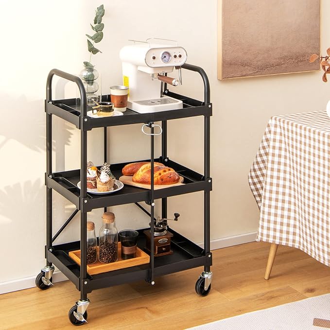Nightcore Folding Utility Cart, 3-Tier Food Service Cart w/Lockable Wheels, 330LBS Capacity, Heavy-Duty Metal Frame Collapsible Utility Cart, Rolling Tool Cart for Home Garage