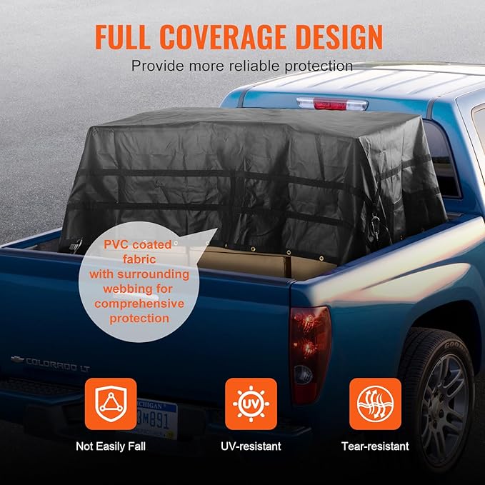 VEVOR Waterproof Cargo Net, 120 in x 105 in, Heavy Duty Truck Cargo Net-(WLL) 700lbs, 4 Adjustable Straps with Carabiners & S-Hooks, Truck Bed Cover for Trailer, Pickup, Boat, Jeep, SUV 8.75’x10’