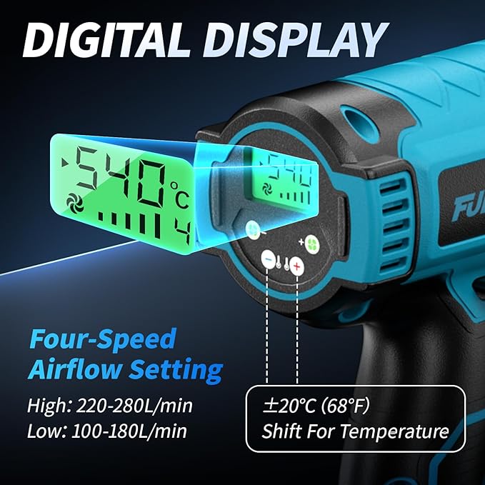 FULLYEA Cordless Heat Gun, 140℉-1004℉ Fast Heating, Hot Air Gun with Digital LCD Display, Portable Heat Guns with 2 * 4.0Ah Batteries & Charger, Handheld Heating Gun Kit for Shrink Tubing, Crafting