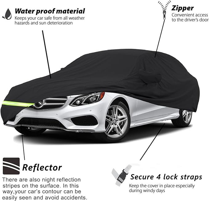 Yixin Waterproof Car Cover for 2006-2026 Mercedes Benz E Class Sedan E250 E320 E300 E350 E400 AMG 190T Covers Custom Fit 100% Windproof Strap & Double Door Zipper Up to 205'' L, Black-for