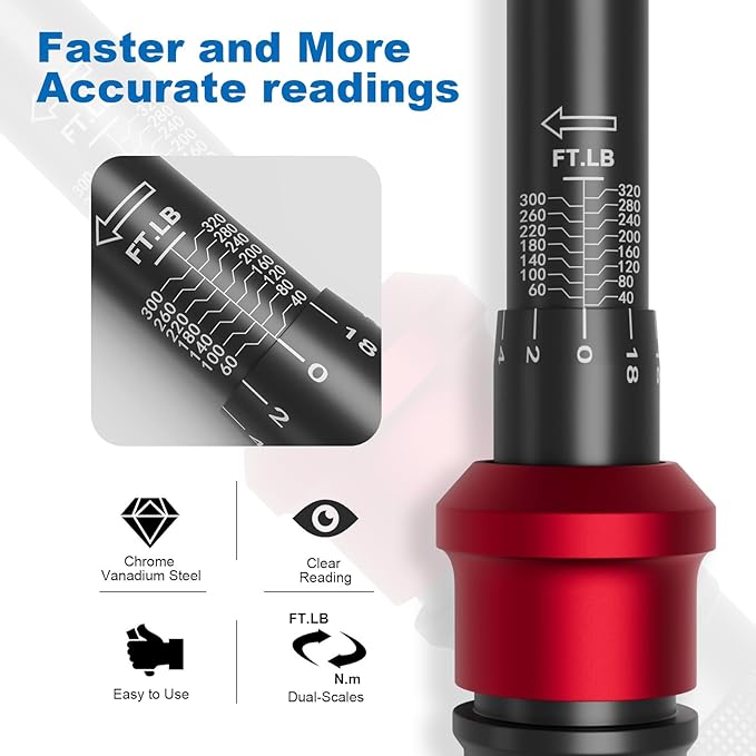 1/2-Inch Click Torque Wrench- 40-320FT.LB/54.2-433.6Nm Dual-Direction Adjustable 72 Tooth Drive Click Torque Wrench with Storage Case for Product Assembly and Car Repair