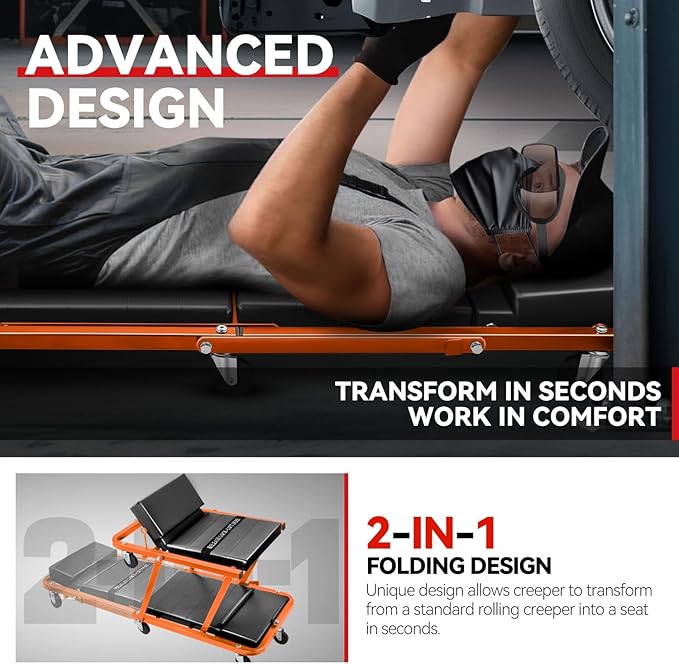 Auto Dynasty 48" Z-Creeper Seat, 2-in-1 Foldable Garage Rolling Creeper Shop Seat, 330 LBS Capacity Automotive Mechanic Under Car Repair Tool, Orange