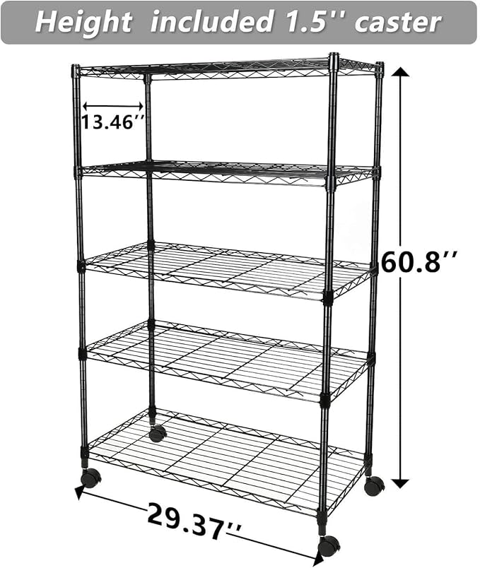 Simple Deluxe Heavy Duty 5-Shelf Storage Shelving Unit, 1250lbs Loading Capacity, 29.92" D x 13.98" W x 61.09" H, Black