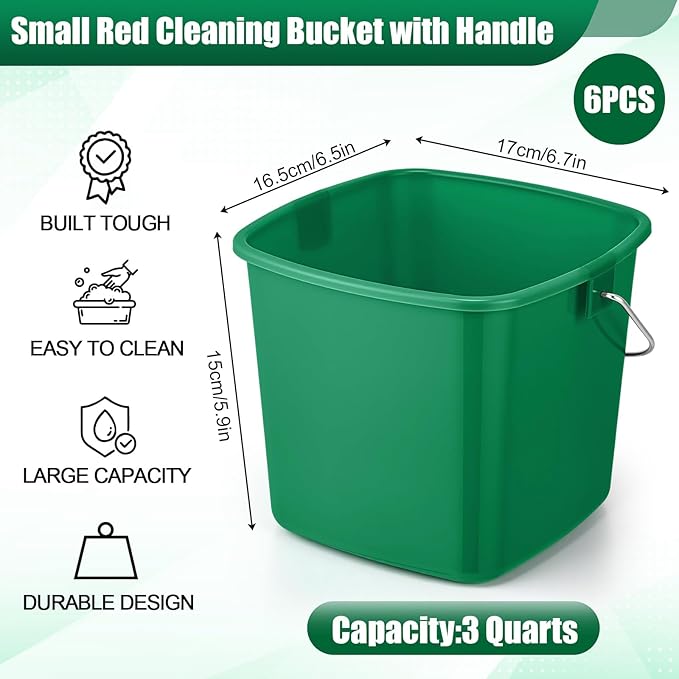 Zhehao 6 Pcs 3 Quart Bucket for Cleaning Small Sanitizer Bucket for Restaurant Square Plastic Pail with Handles for Home, Offices, Commercial Use, Food Service (Red,Green)