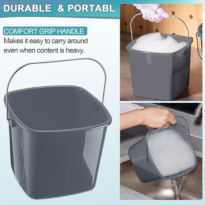 Zhehao 6 Pcs 3 Quart Bucket for Cleaning Small Sanitizer Bucket for Restaurant Square Plastic Pail with Handles for Home, Offices, Commercial Use, Food Service(Gray)