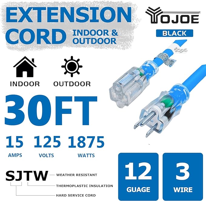 YOJOE Indoor Outdoor Extension Cord with Lighted End, 3 Prong 15A Weatherproof Power Cord, 12 Gauge Heavy Duty 30 ft Blue Extension Cord for Garage, Garden and Home, 12/3 SJTW UL Listed