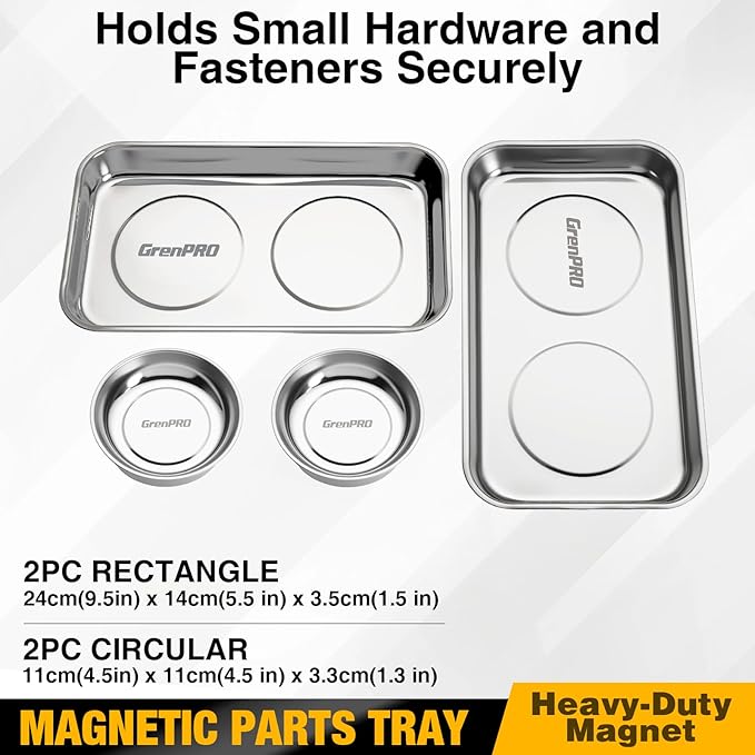 4-Piece Magnetic Tray Set, 2 Large Square & 2 Round Stainless Steel Trays with Strong Magnet for Tool Organization, DIY Stickers Included