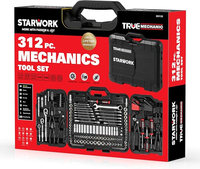 STARWORK TRUE MECHANIC 312-Piece Mechanics Tool Set and Socket Set, Professional 【Pliers Wrench】 SAE/Metric, Mirror-Finish Sockets & Ratchet Wrenches