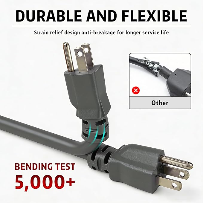 Indoor Outdoor Extension Cord, 12 Gauge 3 Prong Weatherproof Heavy Duty Gray Extension Cords, 12/3 SJTW 15A 10 FT Extension Cable for Garage, Garden and Home, UL Listed