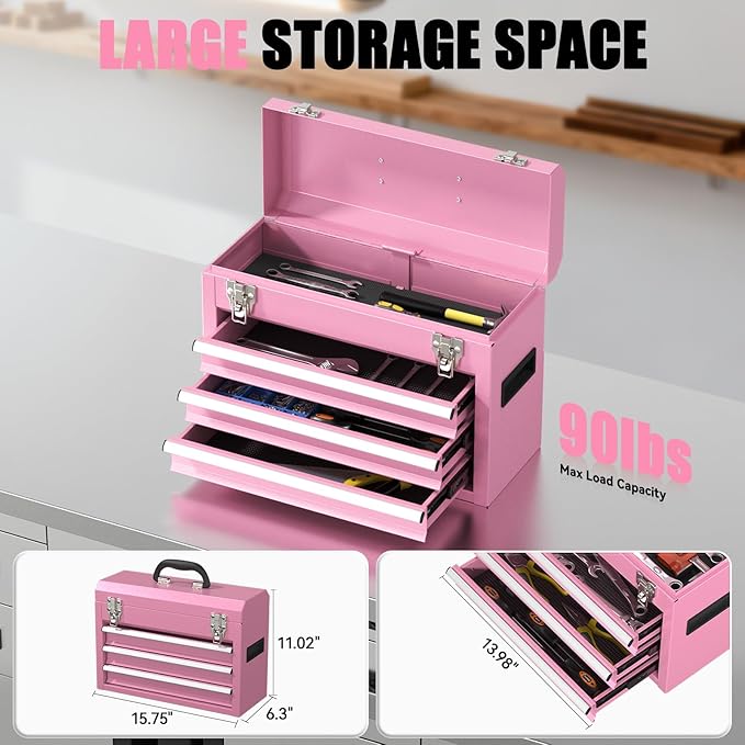 3-Drawer Tool Box, Tool Storage Cabinet, Tool Chest and Locking Mechanism, Metal Tool Cart for Garage Workshop and Room Use (Pink)