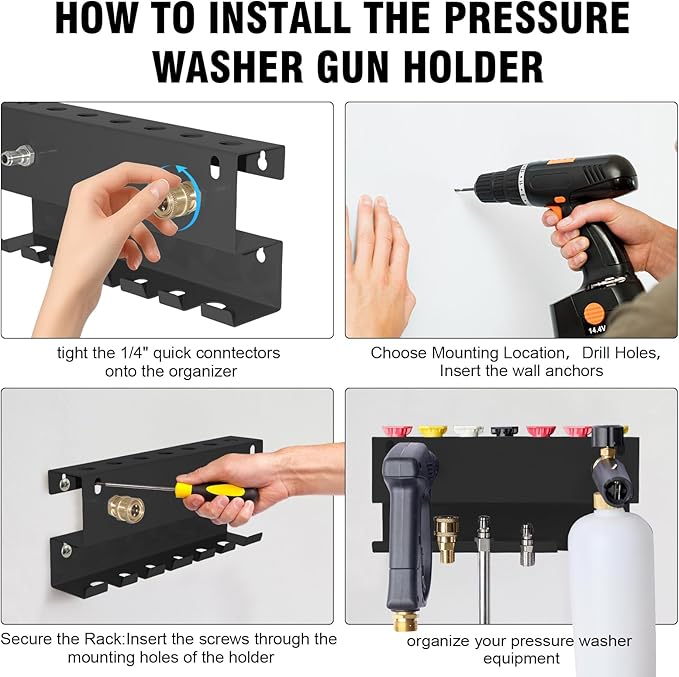 Pressure Washer Gun Holder, Wall Mounted Foam Cannon & Car Wash Accessories Storage Rack for Wand Extension and Nozzle Tips, Fits 1/4" Quick Connector, Black