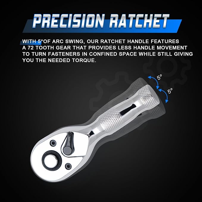 1/4 Inch Drive Stubby Ratchet Mini Ratchet Wrench,1/4 Socket Wrench, 72-Tooth Quick-Release，Reversible,Chrome Vanadium Alloy Steel for Durability