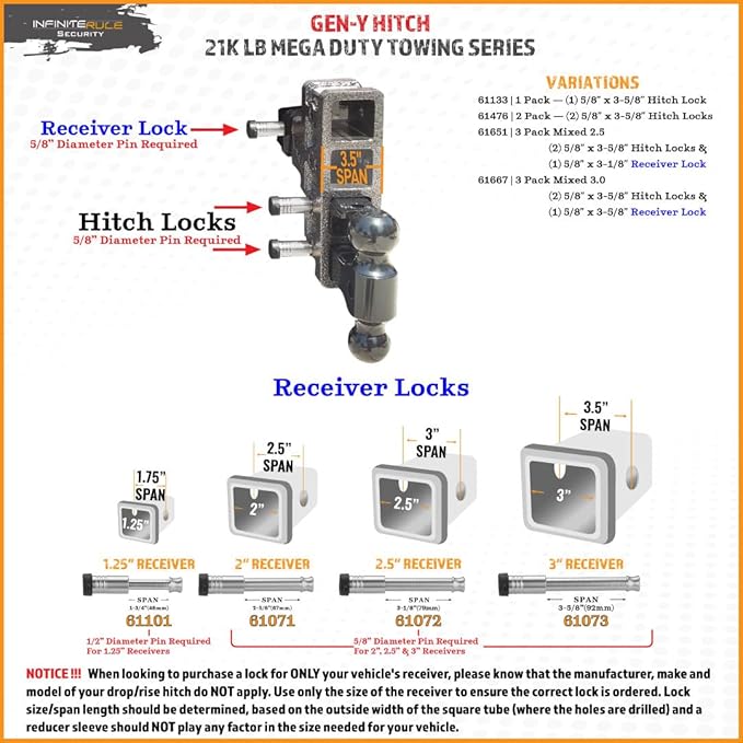 61651 | 3 Pack Mixed 2.5, Keyed Alike, Hitch Locks for Gen-Y Hitch 21K LB Mega Duty Series - Includes Lock for 2.5" Receiver