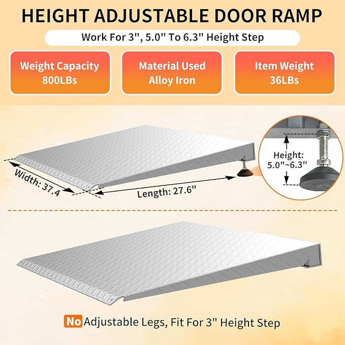 Height Adjustable Door ramp, Ramp for 3", 5.0" to 6.3" Rise Steps, Heavy Duty Front Door ramp for Elderly wheelchairs/Walkers/Scooters(27.6" L*37.4" W, Alloy Iron, 36LBs, Max 800LBs).