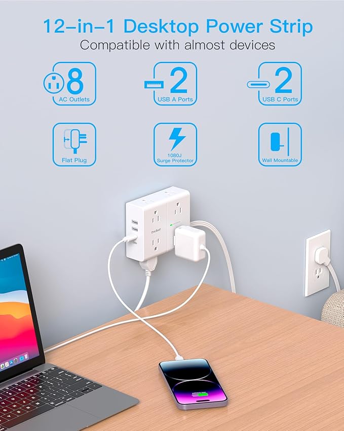 Surge Protector Power Strip 15 ft Cord, Flat Plug Extension Cord with 8 Outlets 4 USB Ports(2 USB C), 3 Side Wall Mount Outlet Extender, Long Extension Cord for Home Office Dorm Room Essentials