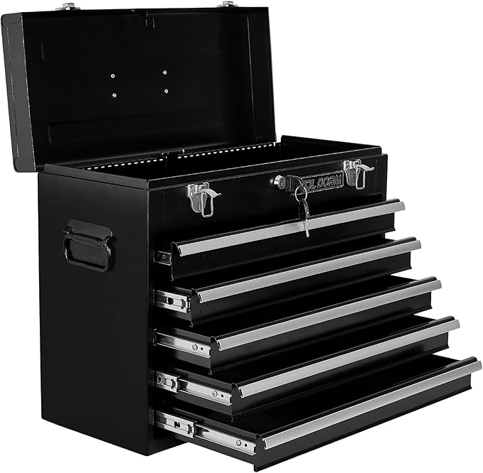 Metal Tool Box with 5 Drawers Portable Steel Tool Chest with Metal Cylinder Lock and Latch Closure, liner, Black and Red two color Powder coating, suitable for Garage, Warehouse and Outdoor Repair job