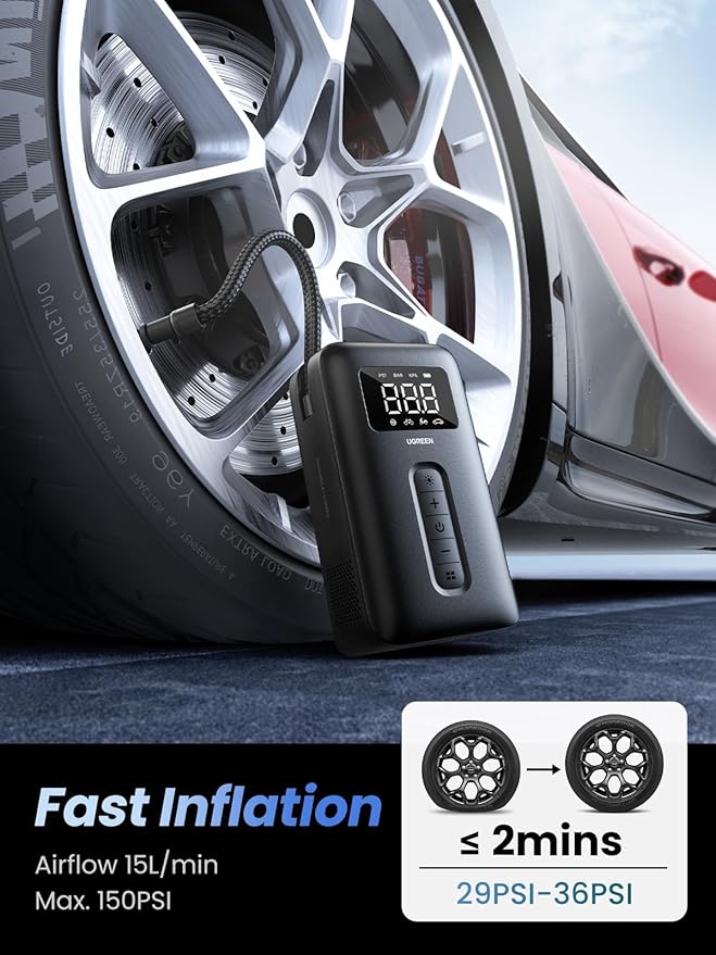 UGREEN Tire Inflator Portable Air Compressor 150PSI Air Pump with Battery LED Light Cordless Tire pump for Cars Bikes Motorcycle Balls