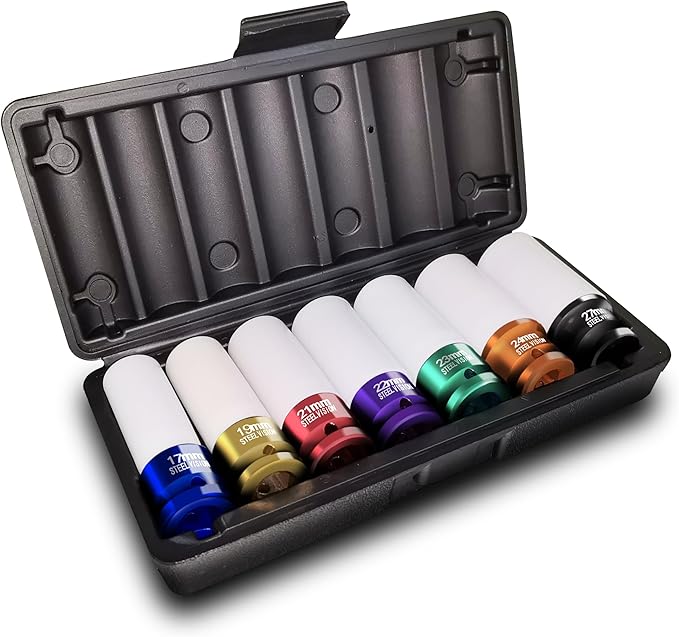 Steel Vision 1/2" Drive Lug Nut Impact Socket Set, 7 PC Metric 17, 19, 21, 22, 23, 24 & 27 mm，Cr-Mo Alloy Wheel Socket Set, Color-Coded Deep Lug Nut Impact Socket Set