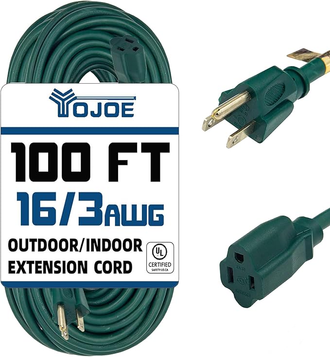 YOJOE Indoor Outdoor Extension Cord, 3 Prong 10A Weatherproof Power Cord, 16 Gauge Heavy Duty 100 ft Green Extension Cord for Garage, Garden and Home, 16/3 SJTW UL Listed