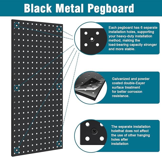 Metal Peg Board Kit with 1/4" Pegboard Accessories, 6 Pack 12"X24" Pegboard and 264PCS Extra Thick Pegboard Accessories,Wall Organizer Peg Board Panels Tool Organizer Storage System (Black)